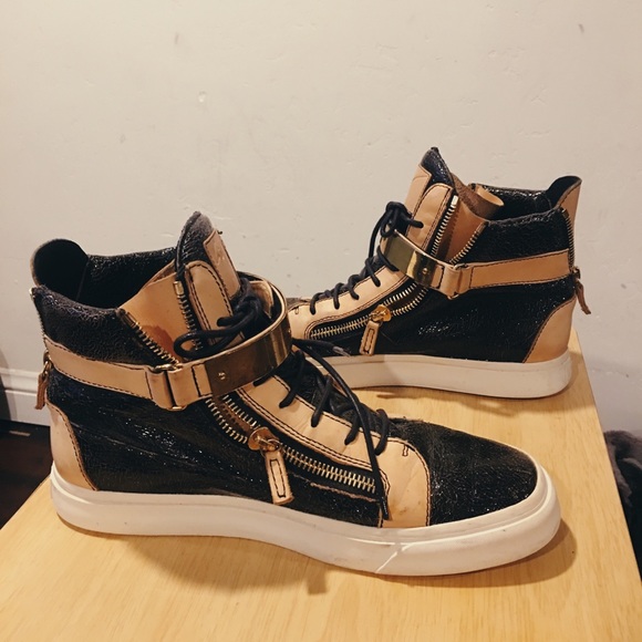 Giuseppe Black Cracked Leather Hightop Sneakers